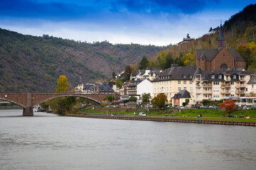 Fototapeta na wymiar Skagerak-Bridge with St Remaclus church in Cochem, Moselle, Rhineland-Palatinate, Germany, Europe