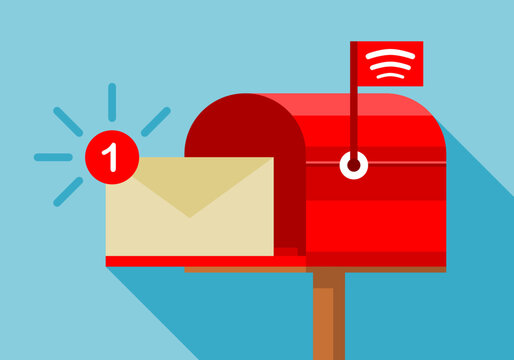 Red mailbox open door with envelope notification online flat vector design.