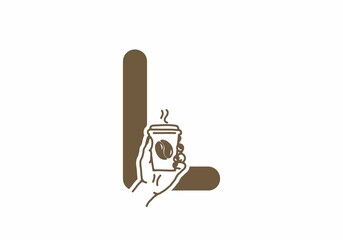 Brown color of L initial letter with line art coffee cup