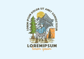 Colorful illustration drawing of man camping