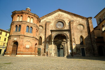 Fototapeta premium Superfetation. Romanesque brick church.San Luca di Cremona is an ancient church with a superfetation of the octagonal Tempietto del Risorto. 