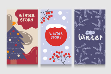 Colorful winter banners with falling snowflakes, snowy trees. Set of abstract winter backgrounds for social media stories. Use for event invitation, discount voucher, ad. Vector eps 10
