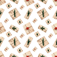 Seamless gift boxes pattern. Watercolor background with christmas or new year gifts decorated with christmas tree branches, ribbons for wrapping paper, holidays textile