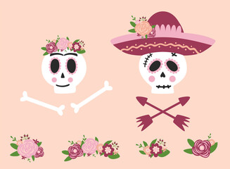 Day dead skull woman and man set. Mexican skull flower sombrero. Dia de los muertos skull. Symbol of day dead isolated illustration. Cute skull graphic element Pink floral spooky logo. Spanish.