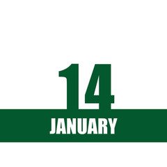 january 14. 14th day of month, calendar date.Green numbers and stripe with white text on isolated background. Concept of day of year, time planner, winter month.