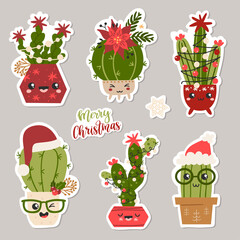 Christmas set of stickers with cacti.