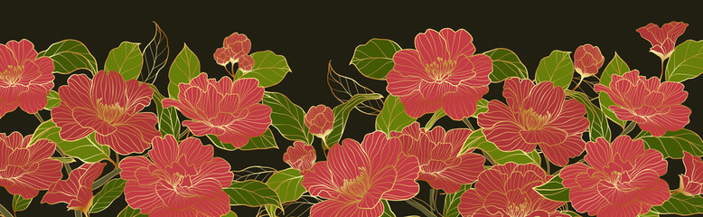 Luxurious line arts background design with peony flower spherical composition for wallpaper, textiles, paper and prints. Vintage vector illustration.  © TWINS DESIGN STUDIO