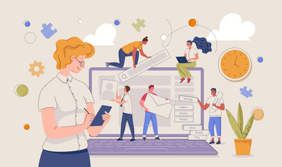 Business start-up. Team of programmers is working on web development of sites and applications on computer. Vector flat cartoon illustration with people characters.