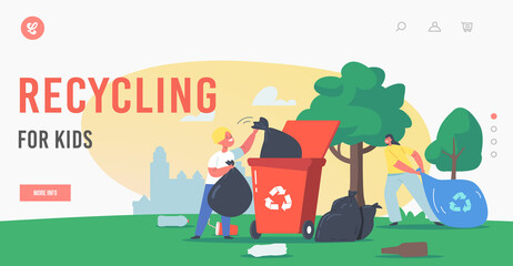 Kids Recycling Garbage Landing Page Template. Children Characters Cleaning Garden Collect Litter in Bag and Litter Bin
