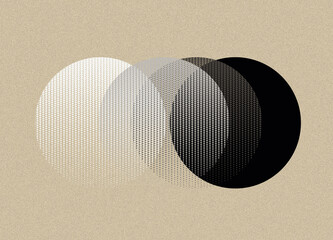 sequence of circles in halftone pattern on grey paper style with film grain