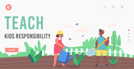 Teach Kids Responsibility Landing Page Template. Happy Children Characters Working in Summer Garden. Boy or Girl Farmers