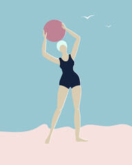 Girl On The Beach Vector Illustration, Naive Style - 462151168