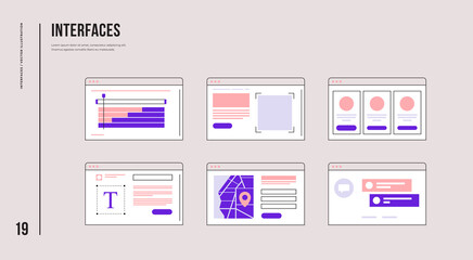 Set of user interface elements, UI and UX theme. Wireframe prototyping system for web and mobile projects. Site page interface. Development of computer technology. Vector flat illustration.