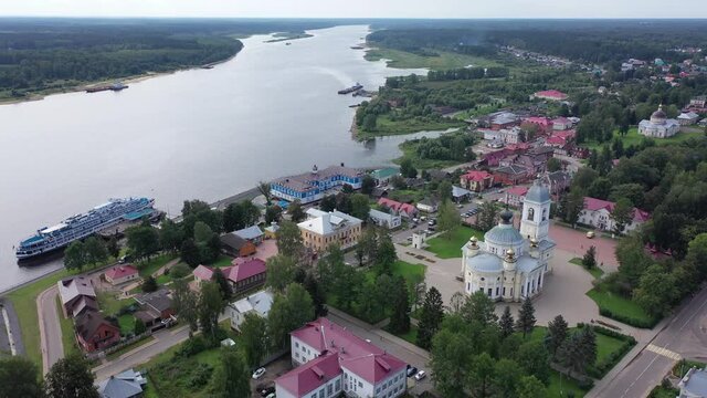 Aerial view of the city of Myshkin and the Volga river. Russia