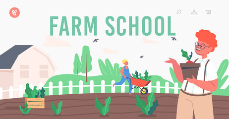 Farm School Landing Page Template. Children Farmer or Cottager Characters Working in Garden Planting Sprouts to Ground