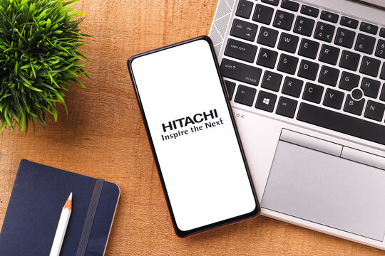 West Bangal, India - October 09, 2021 : Hitachi logo on phone screen stock image.