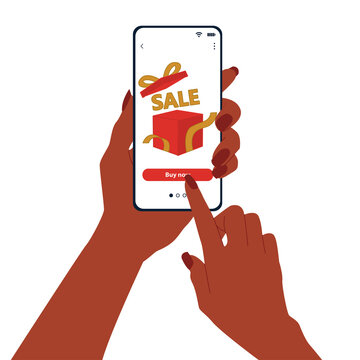 African American woman's hands hold a mobile phone with an online store application for big sales. Flat isolated vector illustration