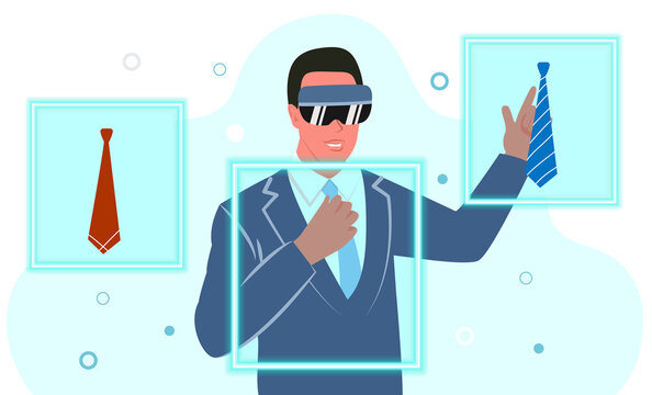 A young man wearing virtual reality glasses try on a tie. Online shopping of the future. Flat vector illustration.