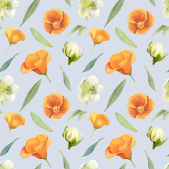 watercolor seamless pattern with spring flowers and leaves