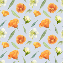 watercolor seamless pattern with spring flowers and leaves