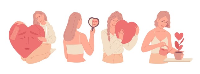 Flat vector cartoon illustration of a woman hugging a big red heart with care and love. The concept of self-acceptance and self-confidence.