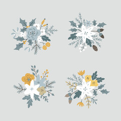 Christmas set of floral bouquets. Flowers, poinsettia and pine cones. Spruce, fir tree branches, leaves and holly berries isolated on blue background. Hand drawn design elements. Winter vector.