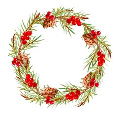 Christmas watercolor wreath of spruce, cones and red holly berries
