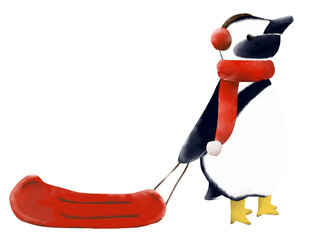 illustration of a penguin playing in the snow with a hand-painted sled