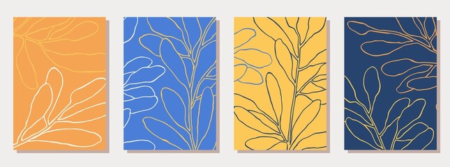 Trendy posters with minimalist floral composition. Modern aesthetic bohemian style. Scandinavian art print. Vector graphics