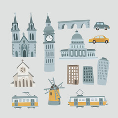Obraz premium Set of hand drawn houses, monuments. Transportation vehicles. Urban icons isolated on blue background. Town, village concept. Cathedral, Big Ben tower, Capitol and bridge. Cars and trams. Vectors.