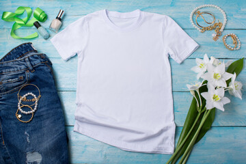 Womens T-shirt mockup with  lilies and nail polish