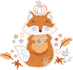 Cute fox having cup teatime with pumpkin on head, autumn leaves. Gender neutral. Hand drawn childish illustration. Perfect for kids apparel, fabric, sticker, poster, print. Vector illustration.