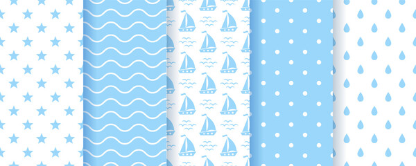Baby boy backgrounds. Pastel seamless pattern. Cute blue geometric textures. Childish prints with polka dot, stars, waves, boats and drops. Set of sea monochrome kids backdrops. Vector illustration