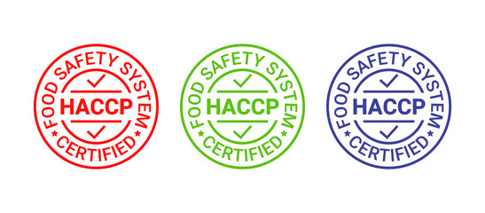 HACCP Hazard Analysis Critical Control Points icon. Food safety system stamp, badge. Certified round label. Quality warranty emblem. Set seal imprints isolated on white background. Vector illustration