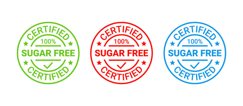 Sugar free icon, round stamp. No sugar added label. Certified sticker, emblem. Diabetic badge. Green red blue seal imprints isolated. Emblem for packaging on white background. Vector illustration