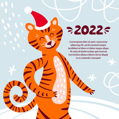 Vector colorful poster happy tiger in a hat. Cartoon background on the theme of Happy New Year, Merry Christmas, winter