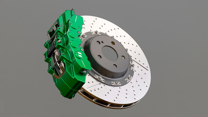 3D rendering of a brake disc assembly with an 8-piston aluminum caliper isolated on 
gray background, close-up - obrazy, fototapety, plakaty