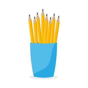 Bunch of yellow pencils in office cup. Drawing equipment in office holder basket, clerical vase.