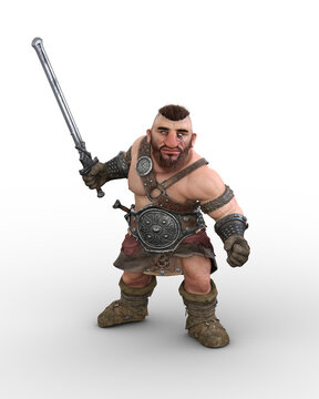 3D rendering of a fantasy Dwarf or barbarian warrior character in fighting pose with a sword isolated on a white background.
