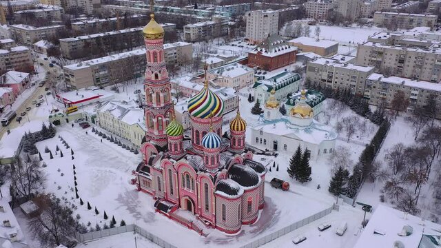 Aerial view of the Cathedral of the Ascension of the Lord in the city of Tambov. Russia