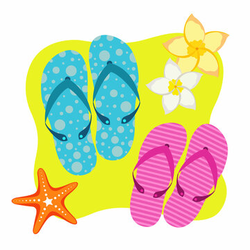 A pair of flip-flops on a background of sand, flowers and a starfish.