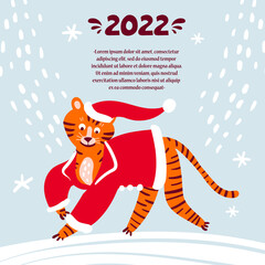 Vector cartoon background on the theme of Happy New Year, Merry Christmas, winter. Colorful poster with happy tiger in Santa Claus costume