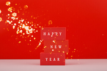 Happy New Year 2022 red elegant minimal concept on red background with bokeh
