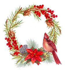 christmas wreath with red cardinal, spruce branches, red berries, cones, holly, poinsettia, cones, bells, lotus boxes ,isolated on white