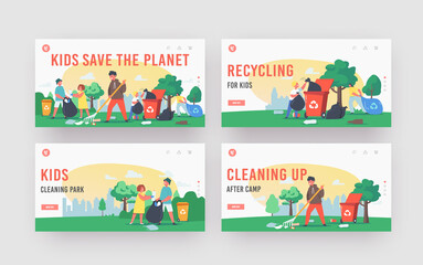 Kids Cleaning City Park, Save Planet Landing Page Template Set. Children Characters Cleaning Garden, Garbage Recycling