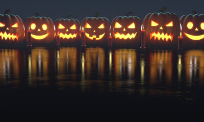 Halloween Set of pumpkin for holiday. Row of Jack O'Lanterns with red candles on reflection floor. 3d rendering.