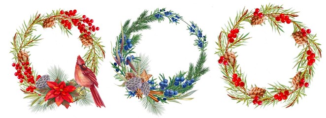 Christmas watercolor wreaths, set, red berries, spruce branches, cardinal bird, poinsettia, cinnamon, bells, lotus bolls, isolated on white