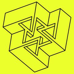 Impossible shapes. Sacred geometry. Optical illusion figure. Abstract eternal geometric object. Impossible endless outline triangle. Op art. Impossible geometry shape on a yellow background. Line art.