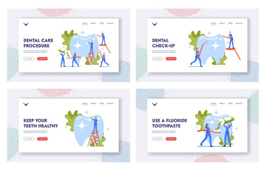 Dental Health Care Landing Page Template Set. Oral Treatment, Tiny Dentists Characters in Medic Robe Cleaning Huge Tooth