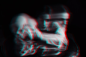 blurry scary portrait of a witch ghost girl in a white shirt. Black and white with 3D glitch...